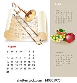 Colorful cute calendar for 2014 with musical design elements