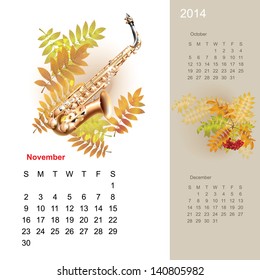 Colorful cute calendar for 2014 with musical design elements