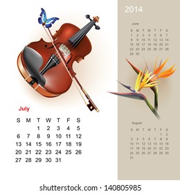 Colorful cute calendar for 2014 with musical design elements