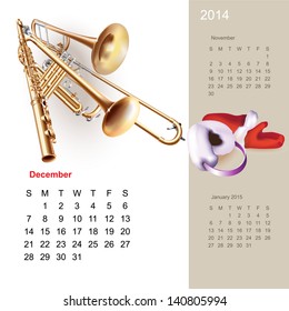 Colorful cute calendar for 2014 with musical design elements