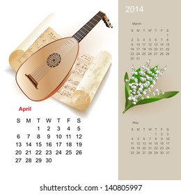 Colorful cute calendar for 2014 with musical design elements