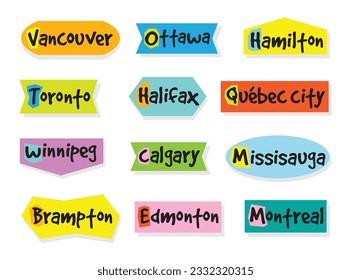 Colorful cute Canada big cities names labels and stickers set on white background