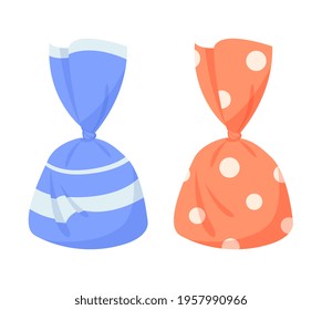 Colorful cute candy in wrapper isolated on white background. Minimalistic tasty fruity candy for kids. Concept of all kinds of candy sweets for sweet tooth. Flat cartoon vector illustration