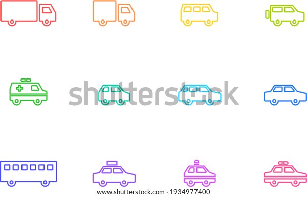 Colorful and cute car line art icon.\
A set of simple illustrations of various cars such as trucks,\
one-boxes, sedans, ambulances, taxis, buses, police\
cars.