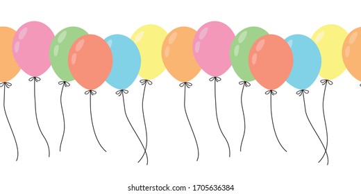 Colorful cute cartoon balloon seamless vector border isolated on a white background for celebration, holiday, birthday party card. Hand drawn illustration EPS10