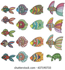 Colorful cute cartoon doodle fish set. Hand drawn thin line tropical aquarium fish and turtle icon collection isolated on white background. Vector illustration. 