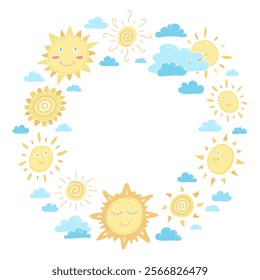 Colorful cute cartoon frame with sun and clouds isolated on the white background