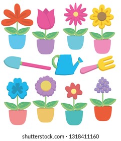 Colorful cute cartoon potted flowers and gardening tools vector illustration collection