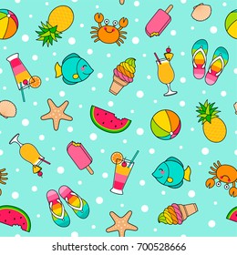 Colorful cute cartoon seamless pattern in summer holiday concept