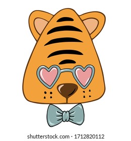 Colorful cute cartoon simple animal vector illustration. Comic childish tiger for graphic design, kids illustration, poster, sticker, textile, greetings.