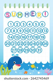 A colorful and cute cartoon summer vacation calendar for children, a whale, sea animals, and ocean-themed background. Ideal for kids' activity charts or school break planners