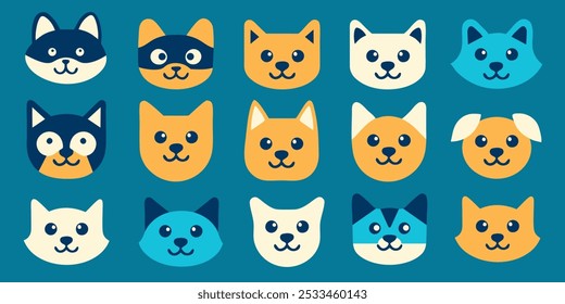 Colorful Cute Cat Face Icons Vector Set