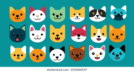 Colorful Cute Cat Face Icons Vector Set