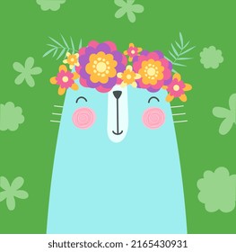 Coloridos gatos lindos. Fotos con mascotas para imprimir en ropa para niños. Afiche o cartel para el sitio web. Primavera y carácter en flor, flora y fauna. Dibujo vectorial plano de dibujos animados