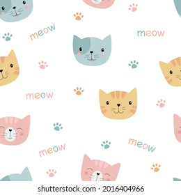 Colorful cute cats. Seamless pattern. Suitable for background, printing on fabric, wallpaper, wrapping paper. Vector illustration