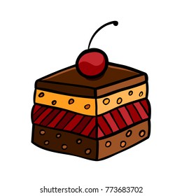 Colorful cute cherry cake on white background. Cartoon illustration
