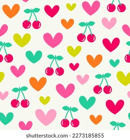 Colorful cute cherry and heart seamless pattern background.