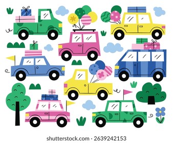 Colorful cute childish cars carrying wrapped gift boxes and helium balloons for congratulations. Celebratory transport in creative childlike style vibrant vector illustration. Greeting cards templates