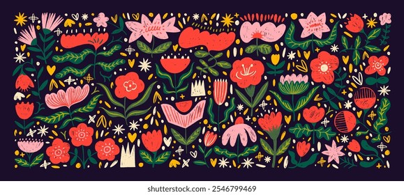 Flores infantiles lindas coloridas dibujadas con un crayón. Colección botánica de estilo femenino infantil dibujado a mano. Garabatos de Vector, flores de niño. Folk gráfico florece con patrones, trazos decorativos.