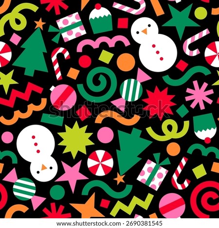 Colorful cute christmas and abstract elements seamless pattern design background.