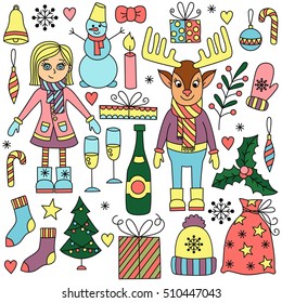 Colorful cute christmas new year doodles drawings vector set