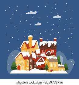 Colorful cute city with different size houses at snowy winter night. Small town with old buildings and fir trees. Christas card background. Flat hand drawn vector illustration