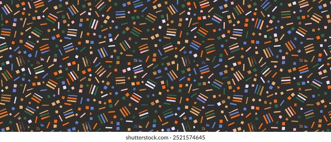 Colorido bonito confete padrão sem costura com pequenos traços de carimbo. Traços desenhados à mão, pequenas linhas e pontos. Fundo de banner colorido sem emenda no estilo de doce infantil. Papel de parede do garoto Doodle.