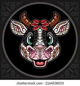 Colorful cute cow head cartoon zentangle arts. isolated on black background.