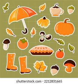 Colorful cute and cozy autumn set on a green checkered background. Leaves, umbrella, coffee, persimmon, rudbeckia, pumpkin, chestnuts, apple pie, mushrooms, apple, acorn, rubber boots.