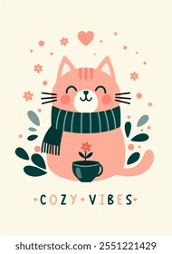 Colorful Cute Cozy Cat with Green Scarf and Flower Cup - Vector Illustration for Seasonal and Decorative Use