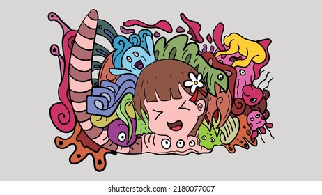 Colorful Cute Creepy Doodle Artwork For Design Cover And Wallpaper