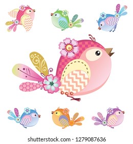 Colorful cute decorative birds.Vector illustration isolated on white background