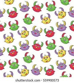 Colorful cute devil demon mutant monster face doodle hand drawn seamless vector pattern