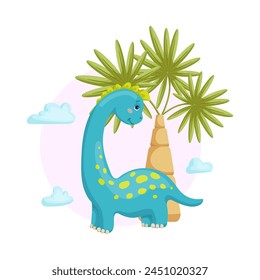 Colorful cute dinosaur among tropical plants, clouds. Children's funny character. Vector graphics.