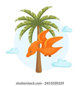 Colorful cute dinosaur among tropical plants, clouds. Children's funny character. Vector graphics.