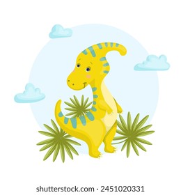 Colorful cute dinosaur among tropical plants, clouds. Children's funny character. Vector graphics.