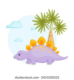 Colorful cute dinosaur among tropical plants, clouds. Children's funny character. Vector graphics.