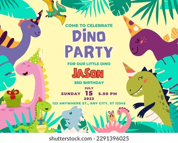 Colorful Cute Dinosaurs Illustration Birthday Card Invitation