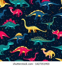 Colorful cute dinosaurs on black background. Vector seamless pattern. Fun textile cartoon kids print design.