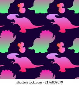 Colorful cute dinosaurs on dark background. Vector seamless pattern. Fun textile cartoon kids print design. Neon color EPS