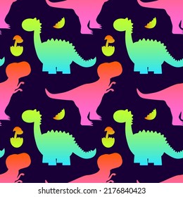 Colorful cute dinosaurs on dark background. Vector seamless pattern. Fun textile cartoon kids print design. Neon color EPS