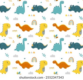 Colorful Cute Dinosaurs Pattern Seamless Doodle Kids