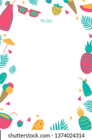 Colorful cute To Do list with summer elements. To do list,notes,printable vector illustration.