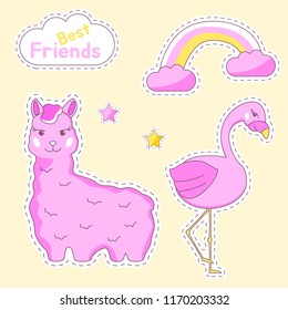 Colorful cute doodle characters,elements,stickers - smiling Llama,cheerful Flamingo,clouds,stars,rainbow on pink background.Color adorable charming animals and objects set