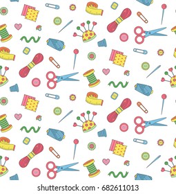 Colorful cute doodle drawn tools sewing hobby hand made seamless vector pattern