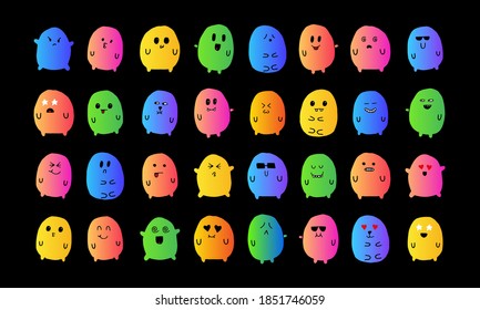 Colorful cute doodle monsters set. Stickers with different emotions: anger, joy, happiness, love, surprise, laugh etc.