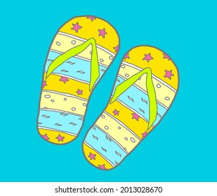 Colorful cute doodle slippers. Hand drawn vector illustration. Cartoon clipart, design element for greeting cards, kids coloring book, decor of interior or textile or apparel.