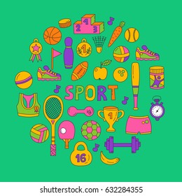 Colorful cute doodles vector set in circle drawings sport fitness healthy life