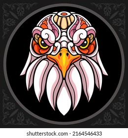 Colorful cute eagle cartoon zentangle arts. isolated on black background.