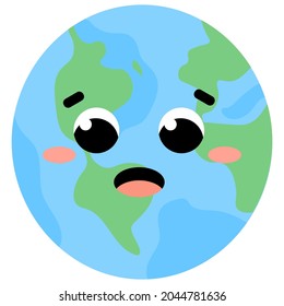 Colorful cute earth planet with kawaii face for children game design or astronomical science posters isolated on white background in cartoon style, graphic element of solar system